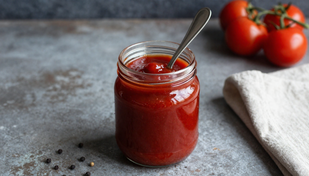 Homemade low carb keto ketchup in a jar with tomatoes in the background