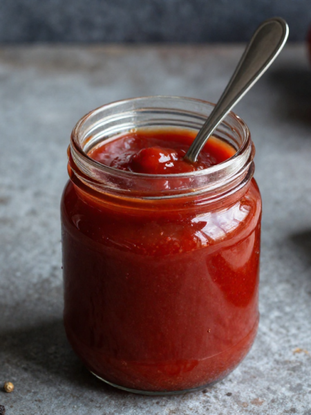 Homemade low carb keto ketchup in a jar with tomatoes in the background