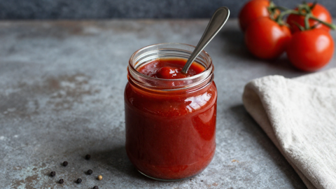 Homemade low carb keto ketchup in a jar with tomatoes in the background