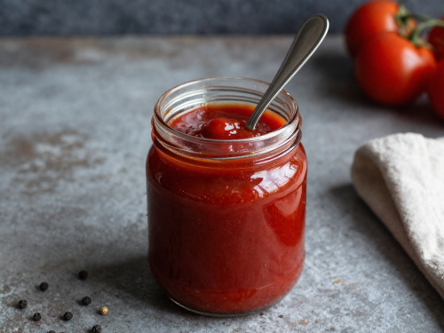 Homemade low carb keto ketchup in a jar with tomatoes in the background