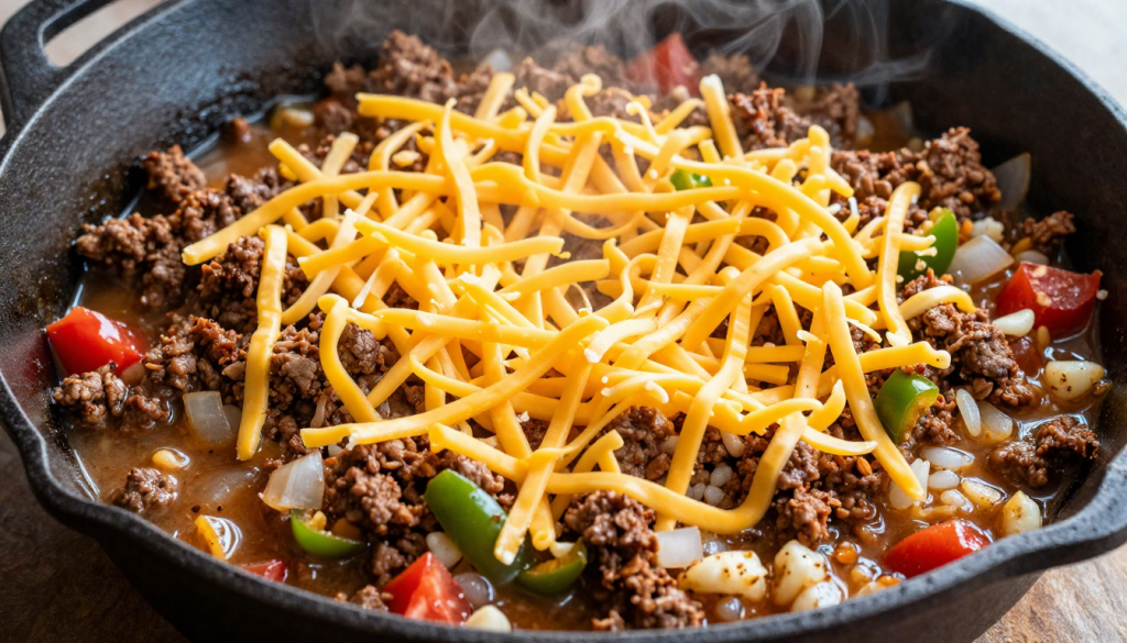 Shredded cheddar cheese layered over thick seasoned beef and vegetable mixture before melting for the One Pan Keto Taco Skillet