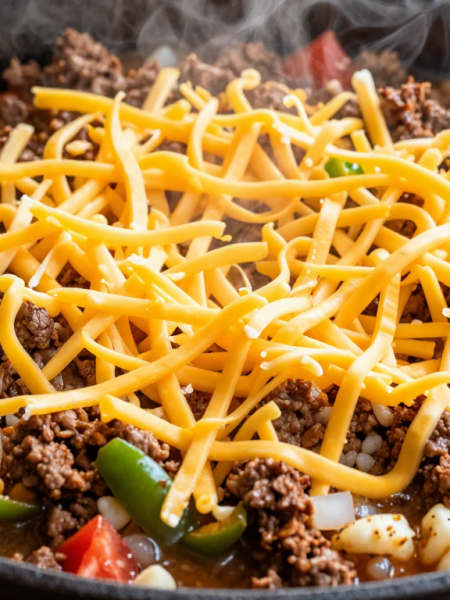Shredded cheddar cheese layered over thick seasoned beef and vegetable mixture before melting for the One Pan Keto Taco Skillet