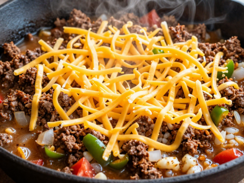 Shredded cheddar cheese layered over thick seasoned beef and vegetable mixture before melting for the One Pan Keto Taco Skillet
