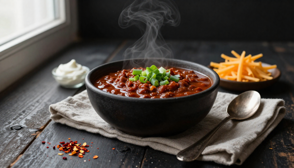 Keto chili served in a rustic bowl, topped with cheddar, sour cream, and green onions.