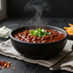 Keto chili served in a rustic bowl, topped with cheddar, sour cream, and green onions.