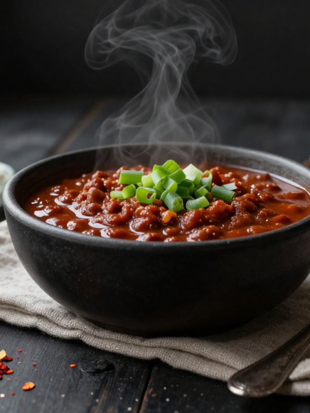 Keto chili served in a rustic bowl, topped with cheddar, sour cream, and green onions.