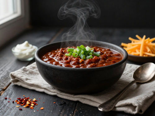 Keto chili served in a rustic bowl, topped with cheddar, sour cream, and green onions.