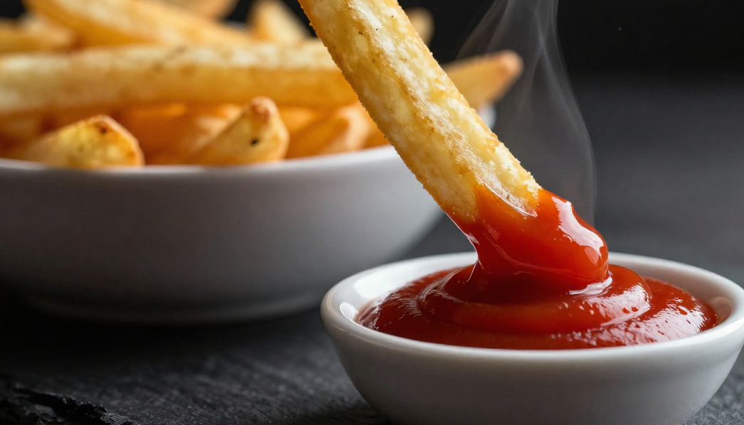 Keto rutabaga fry being dipped into low carb ketchup