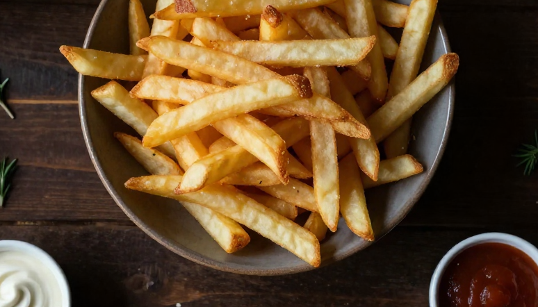 Tabletop scene with keto rutabaga fries in the center