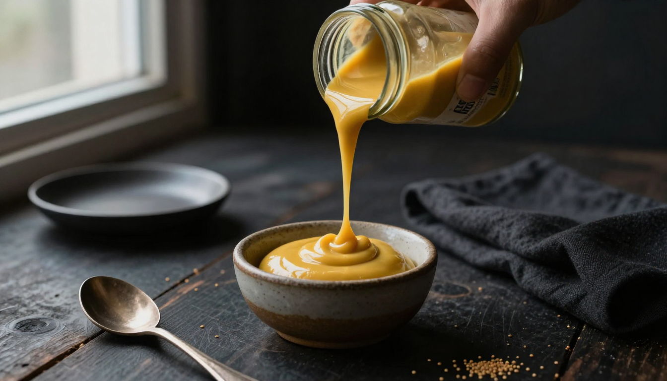 Pouring Keto Dijon Mustard from a jar into a bowl for use