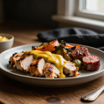 Keto Dijon Mustard drizzled on a plate of meat