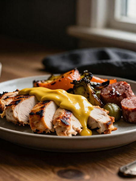 Keto Dijon Mustard drizzled on a plate of meat