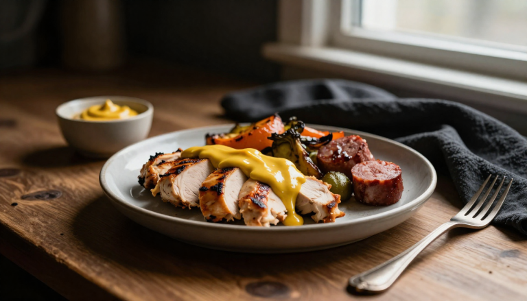 Keto Dijon Mustard drizzled on a plate of meat