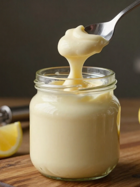 Scooping Keto mayonnaise from a jar with a spoon