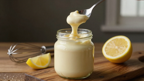 Scooping Keto mayonnaise from a jar with a spoon