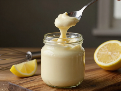 Scooping Keto mayonnaise from a jar with a spoon