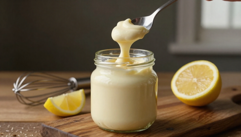 Scooping Keto mayonnaise from a jar with a spoon