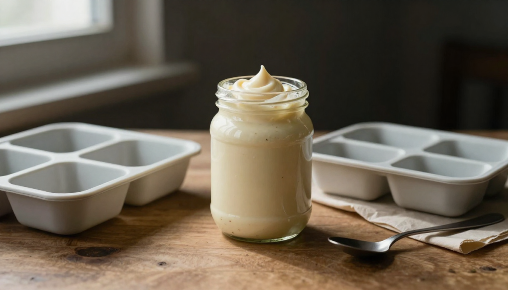 Keto mayonnaise in a jar with silicone trays in the background, to freeze for later