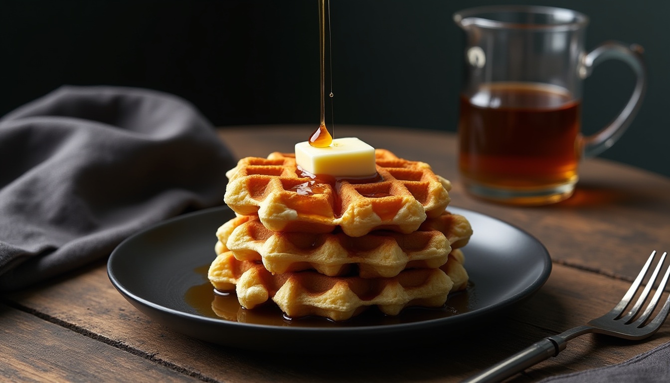 A stack of Keto Protein Waffles with butter and syrup being poured on top
