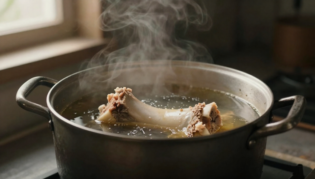 Bone Broth Collagen and Minerals simmering in a stock pot