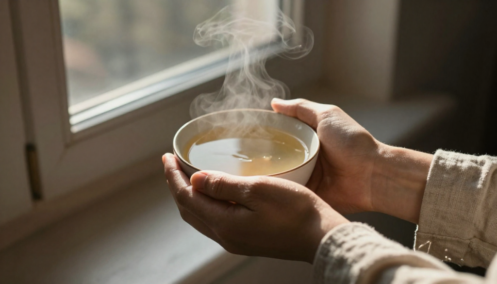Hands wrapped around a bowl full of bone broth