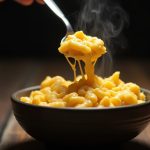 Keto cauliflower mac and cheese served in a white bowl with creamy cheddar sauce and visible cheese pull