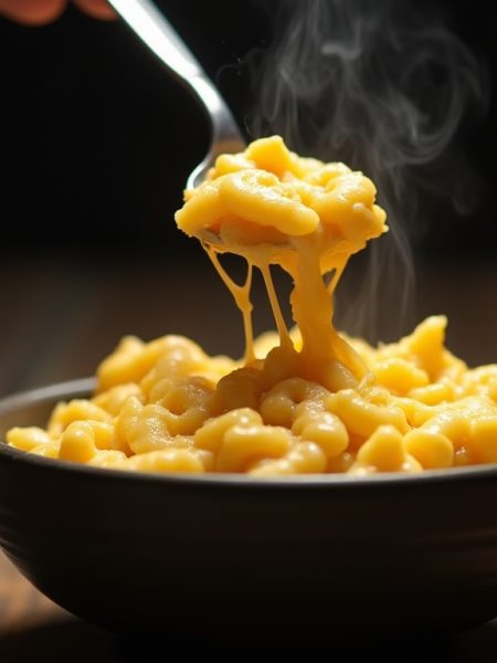 Keto cauliflower mac and cheese served in a white bowl with creamy cheddar sauce and visible cheese pull