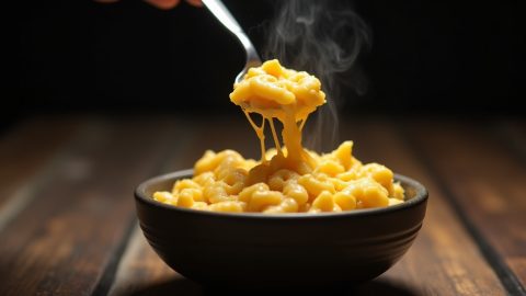 Keto cauliflower mac and cheese served in a white bowl with creamy cheddar sauce and visible cheese pull