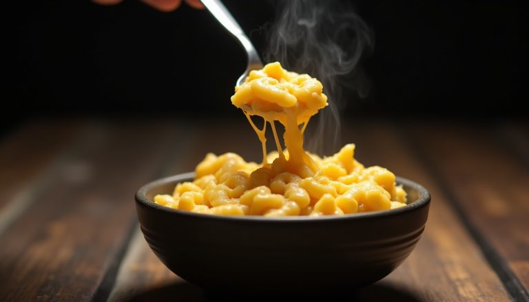 Keto cauliflower mac and cheese served in a white bowl with creamy cheddar sauce and visible cheese pull