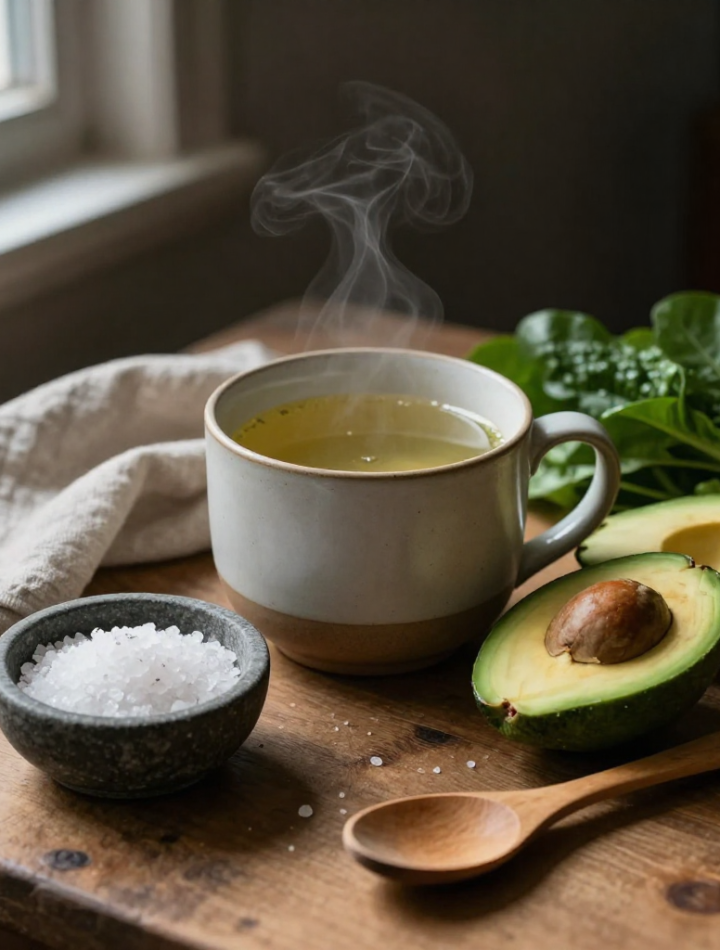 Keto electrolytes shown through bone broth, sea salt, avocado, and leafy greens on a wooden surface