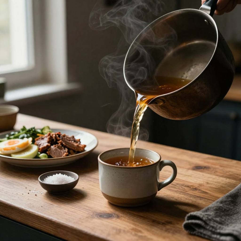 Keto bone broth being poured into a mug