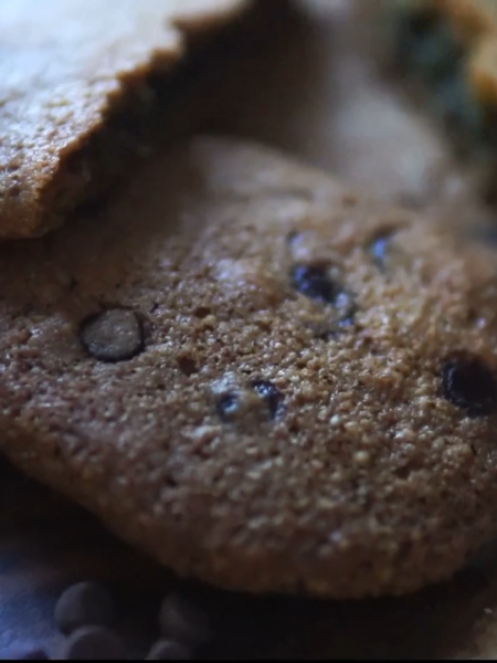 Finished keto chocolate chip cookies without almond flour. Can see the cross section.