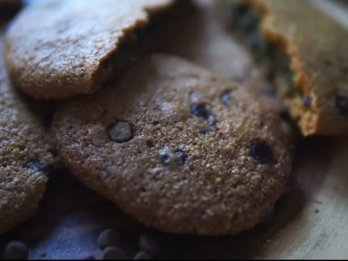 Finished keto chocolate chip cookies without almond flour. Can see the cross section.